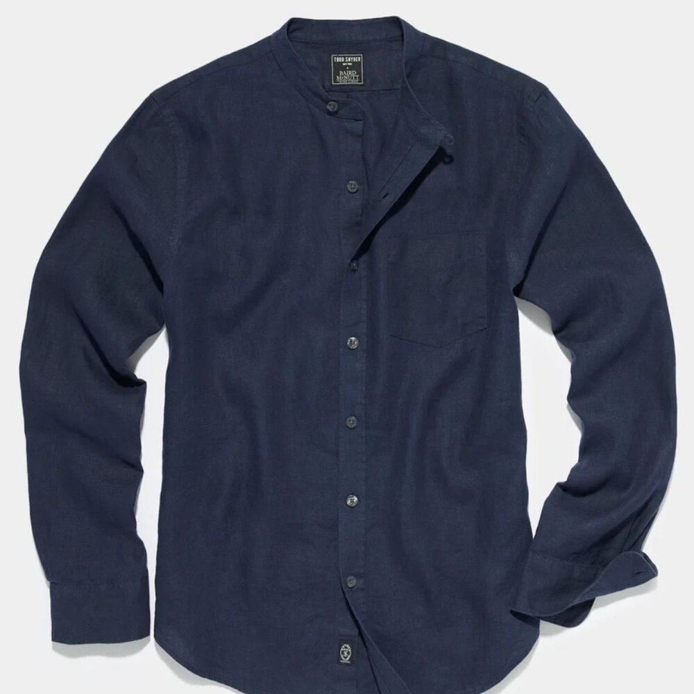 Toddy Snyder Irish Linen Band Collar Slim Fit Shirt in Navy